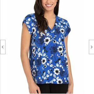 Hilary Radley EUC Blue Floral Cap Sleeve V Neck Top XXL